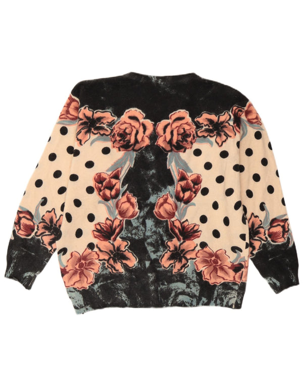 Vintage dame sweater med rund hals IT 46 store beige blomsteruld