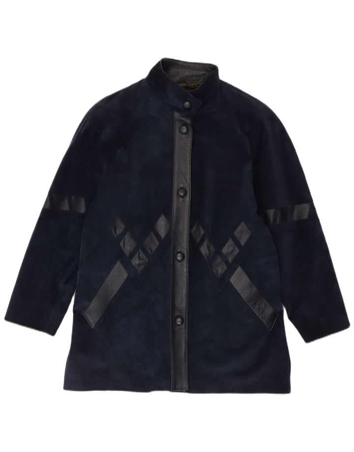 Vintage Dame Oversized Ruskind Overfrakke UK 14 Medium Navy Blue Geometric