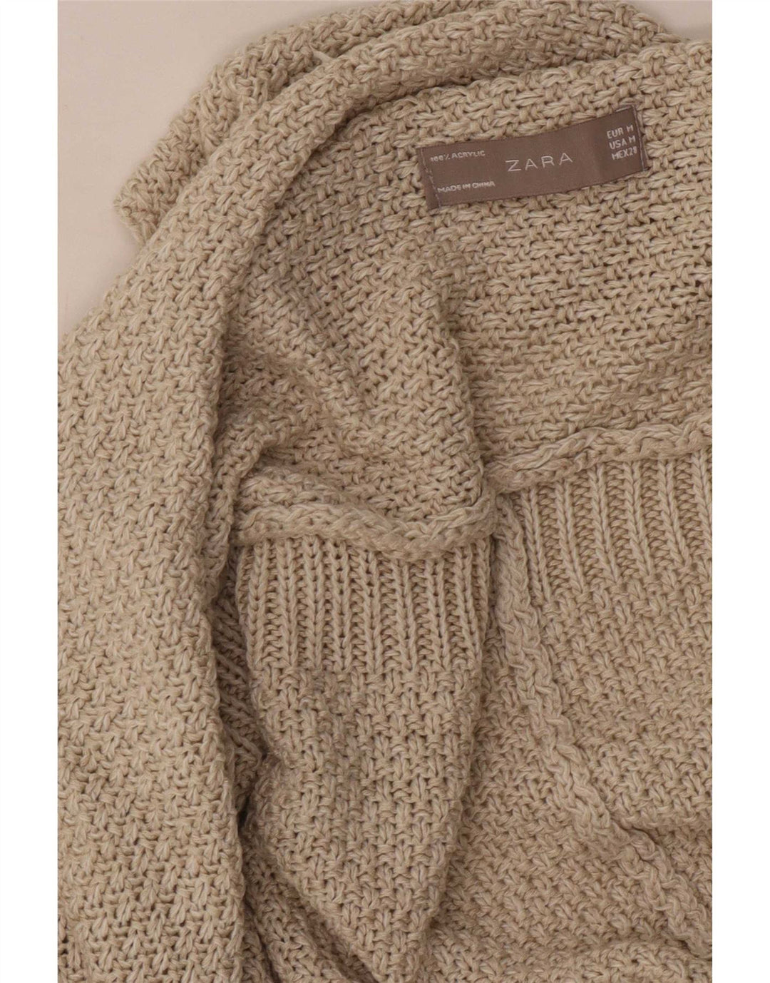 Zara Dame Oversized Kortærmet Åben Cardigan Sweater UK 14 Medium Beige