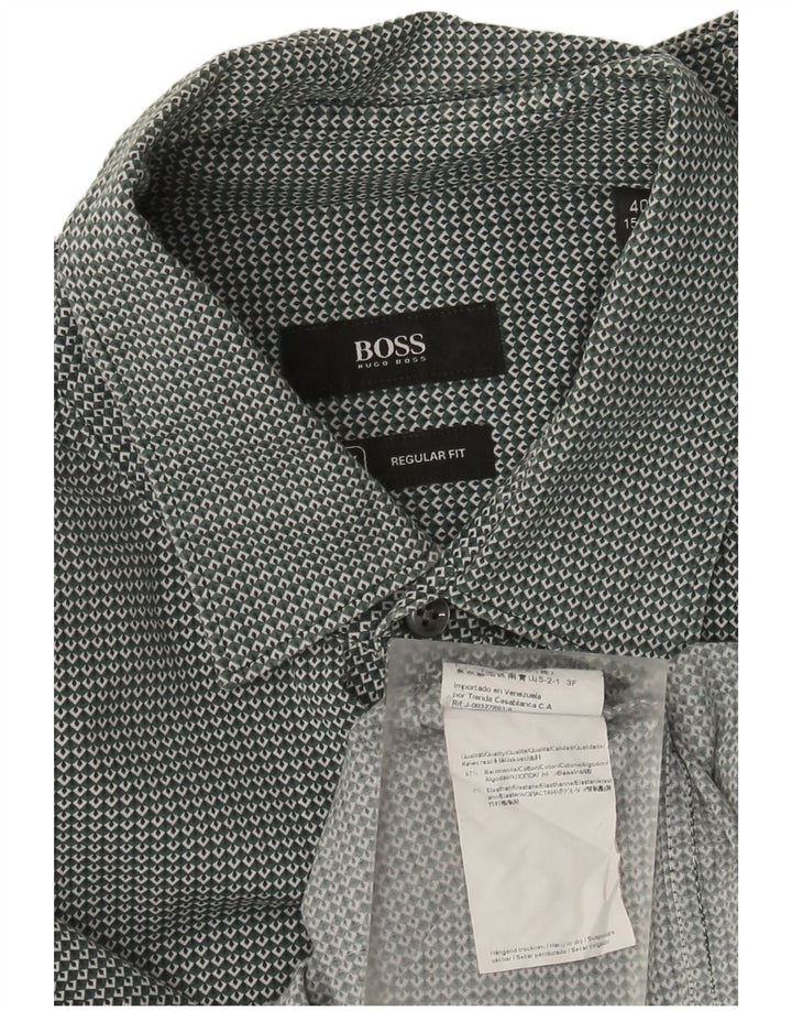 Hugo Boss Herre Regular Fit Skjorte Størrelse 40 15 3/4 Medium Grøn Geometrisk
