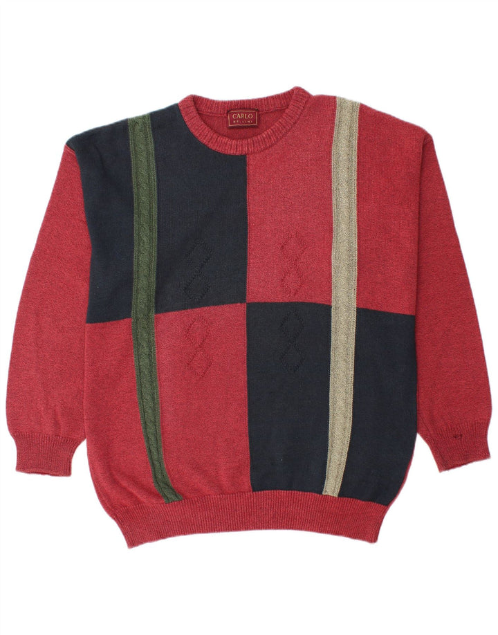 CARLO Mens Crew Neck Jumper Sweater Large Red Colourblock Cotton