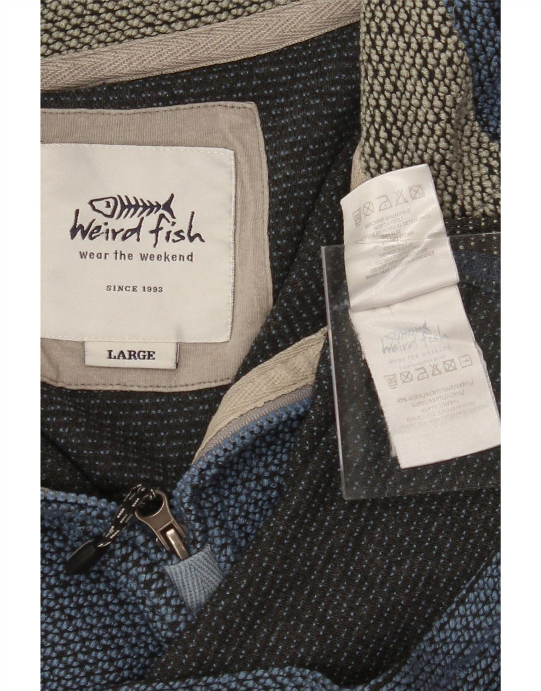 WEIRD FISH Mens Zip Neck Jumper Sweater Large Navy Blue Colourblock Vintage Weird Fish and Second-Hand Weird Fish from Messina Hembry 