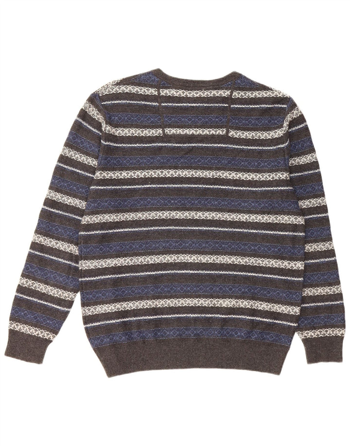 Vintage herre sweater med rund hals, medium grå stribet bomuld