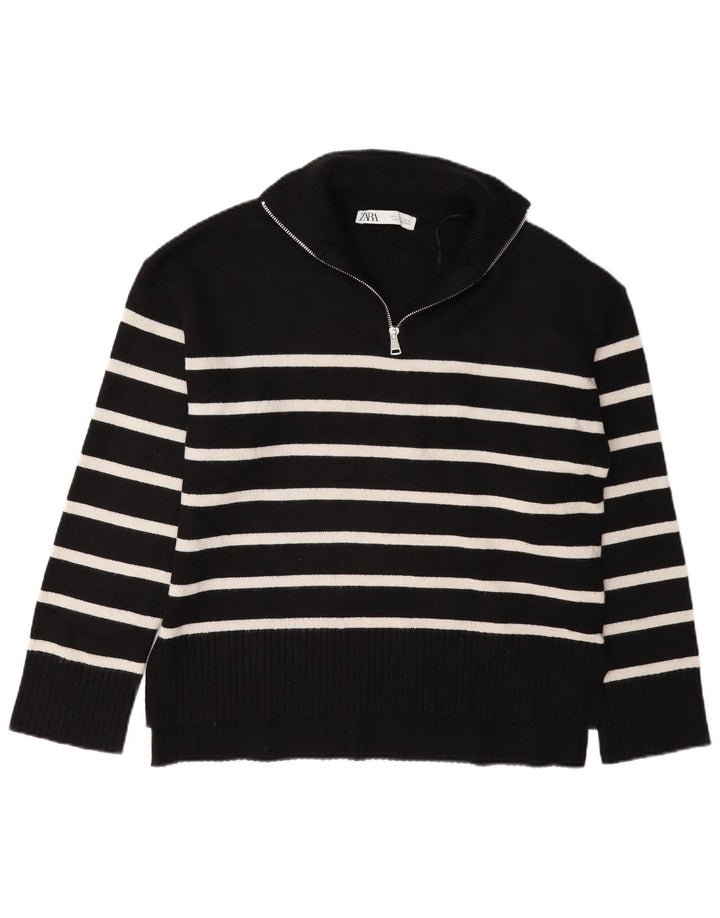 Zara Dame Oversized Zip Neck Jumper Sweater UK 10 Lille Sort Stribet