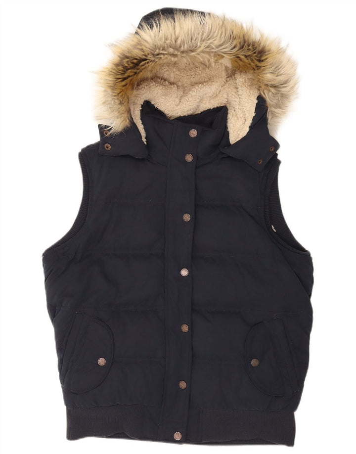 Fat Face Dame Hætte Polstret Gilet UK 14 Large Navy Blue Polyester
