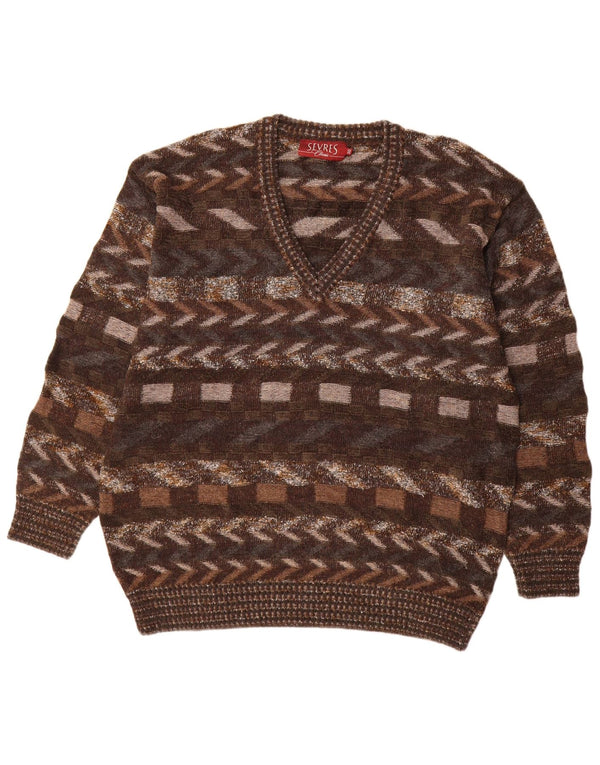 Sevres Mens Loose Fit V-Neck Jumper Sweater IT 50 Medium Brown Geometric