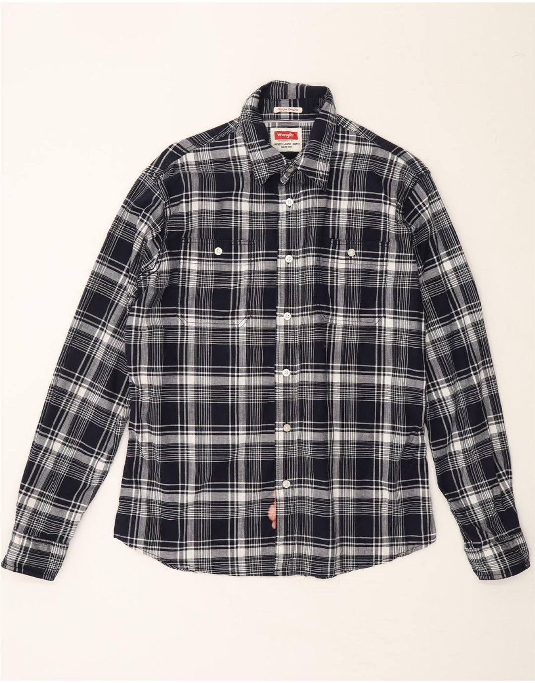 WRANGLER Mens Flannel Shirt Medium Navy Blue Check Cotton Vintage Wrangler and Second-Hand Wrangler from Messina Hembry 