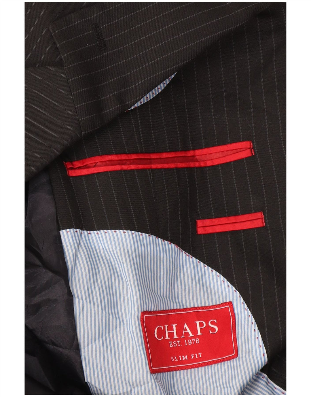 Chaps Herre 2 Button Slim Fit Blazer Jacket UK 40 Large Black Pinstripe