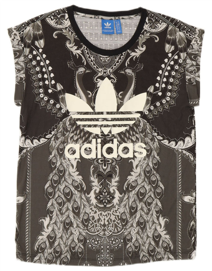 Adidas Dame Peacock Grafisk T-Shirt Top UK 10 Lille Grå