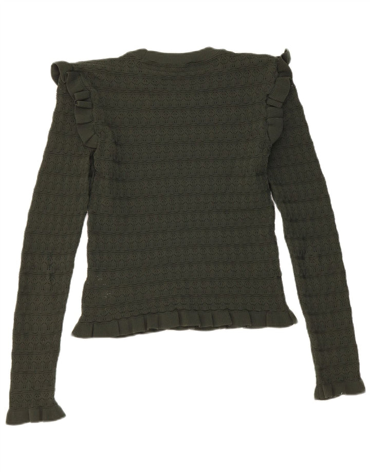 Zara Womens Crop Ruffle Front Top Langærmet UK 8 Small Khaki Polyester