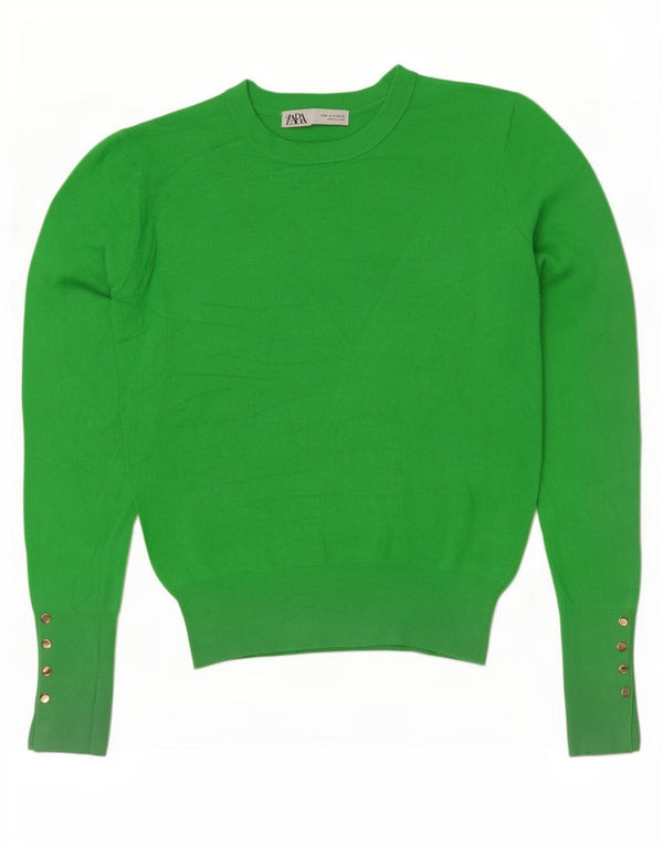 Zara Womens Crop Crew Neck Jumper Sweater UK 12 Medium Green Viscose