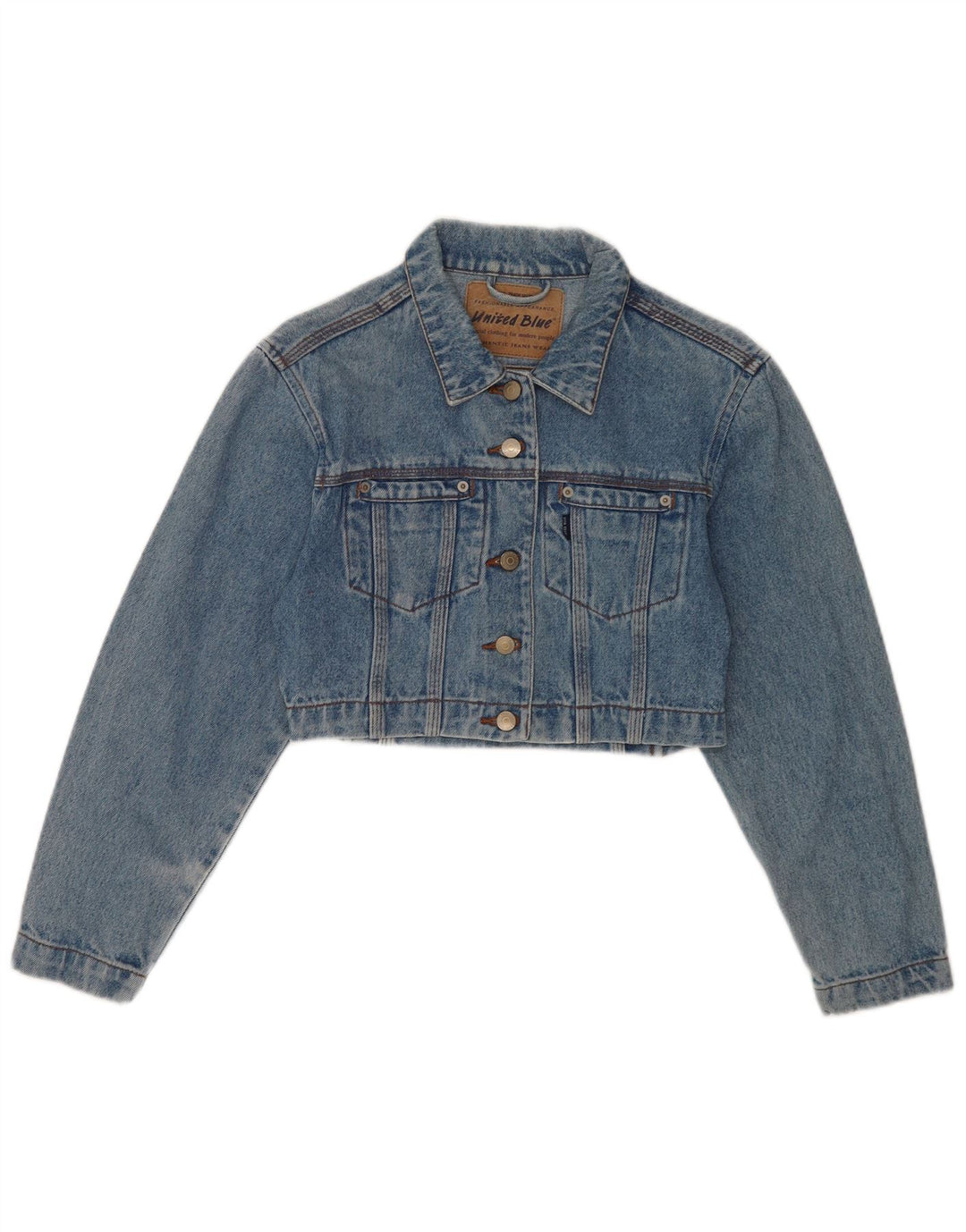 Vintage Dame Crop Denim Jacket UK 10 Small Blue Cotton