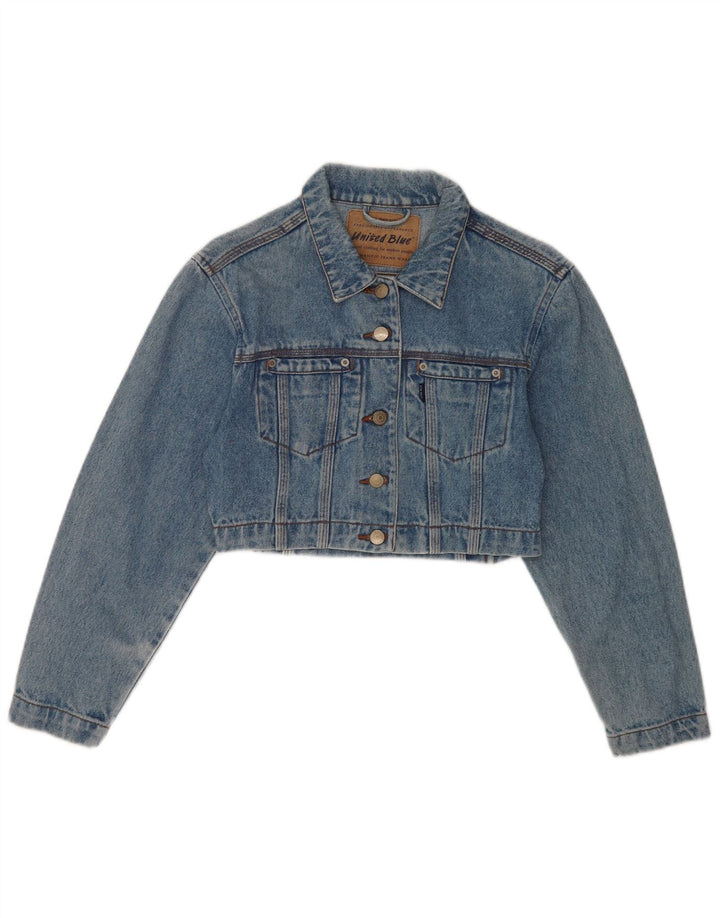 Vintage Dame Crop Denim Jacket UK 10 Small Blue Cotton