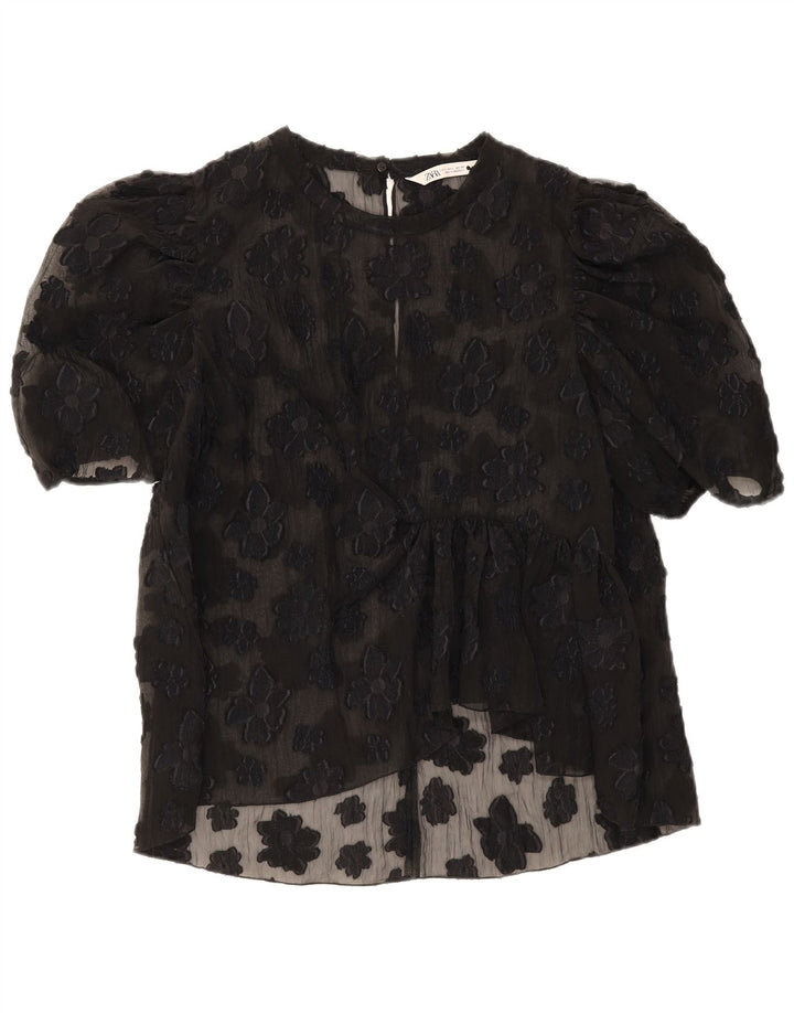 Zara Dame Se Through Top UK 16 Large Black Floral