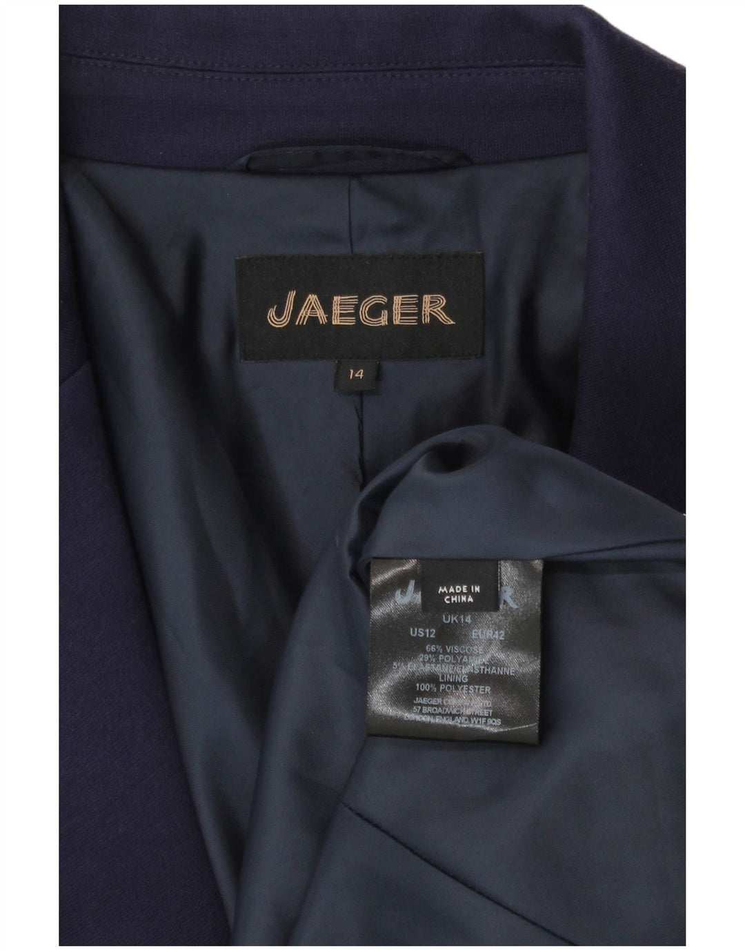 Jaeger Dame 2 Button Blazer Jacket UK 14 Large Navy Blue Viscose Classic