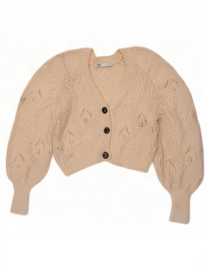Zara Womens Crop Cardigan Sweater UK 10 Small Off White Polyester