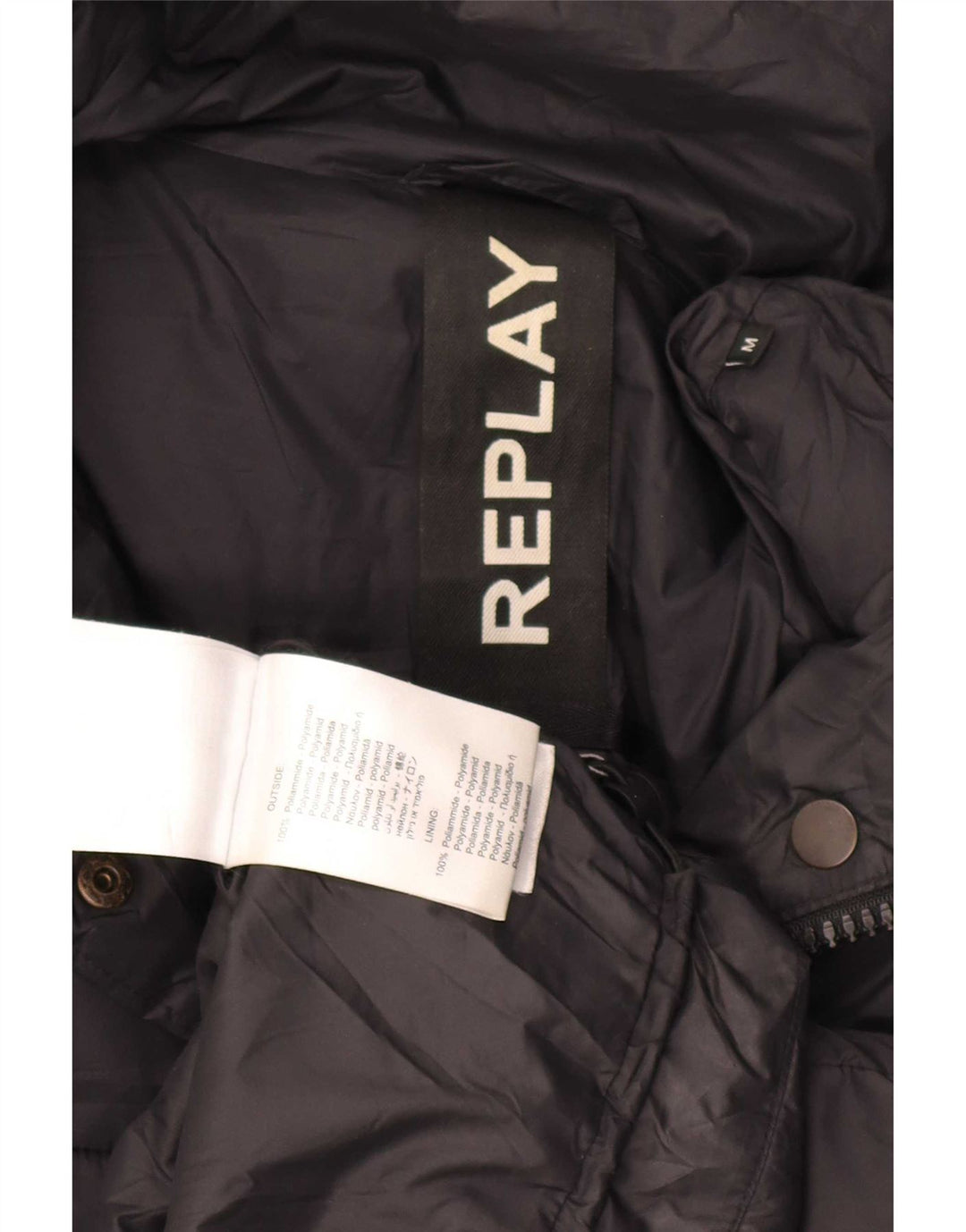 Replay Dame grafisk polstret jakke UK 14 Medium Sort Polyamid