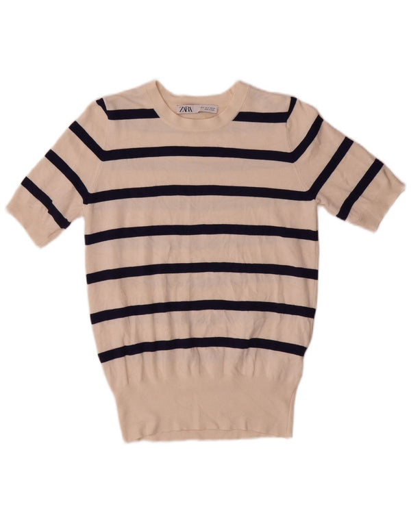 Zara Dame Boat Neck Jumper Sweater UK 10 Small Off White Stribet