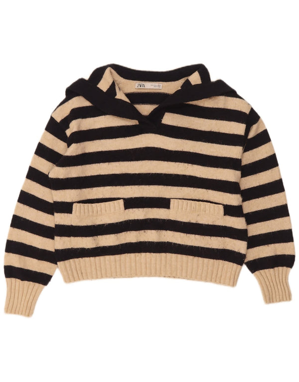 Zara Dame Oversized Polo Neck Jumper Sweater UK 10 Lille Beige Stribet