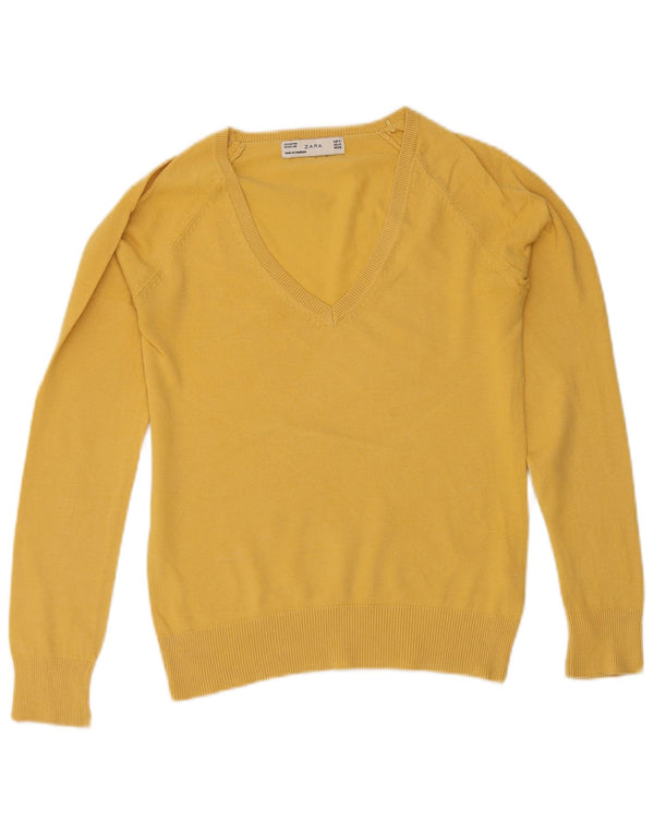 Zara Dame V-hals sweater UK 12 Medium Gul Bomuld