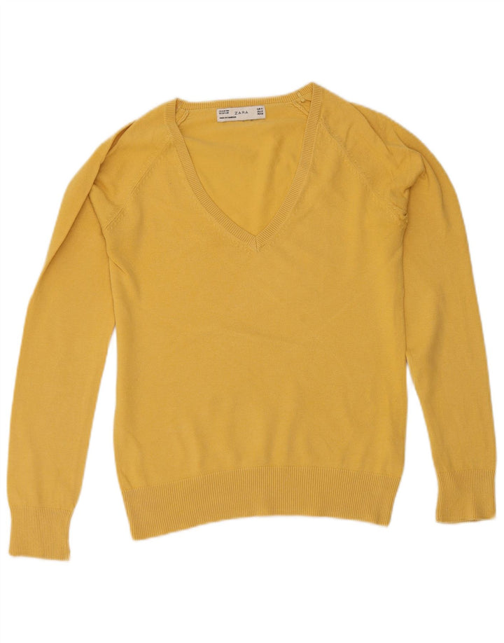 Zara Dame V-hals sweater UK 12 Medium Gul Bomuld