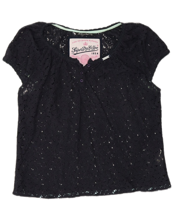 Superdry Dame Se Through Blouse Top UK 16 Stor Marineblå Bomuld