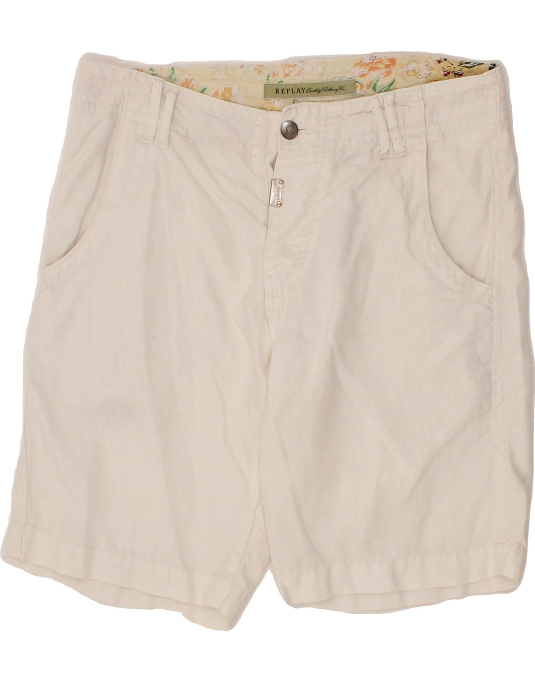 REPLAY Womens Graphic Chino Shorts W29 Medium  White Linen Vintage Replay and Second-Hand Replay from Messina Hembry 