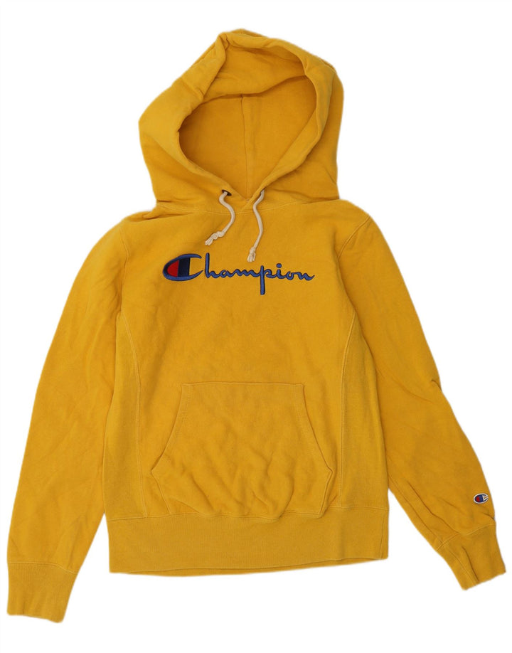 CHAMPION Dame Reverse Weave Grafisk Hoodie Jumper UK 14 Medium Gul