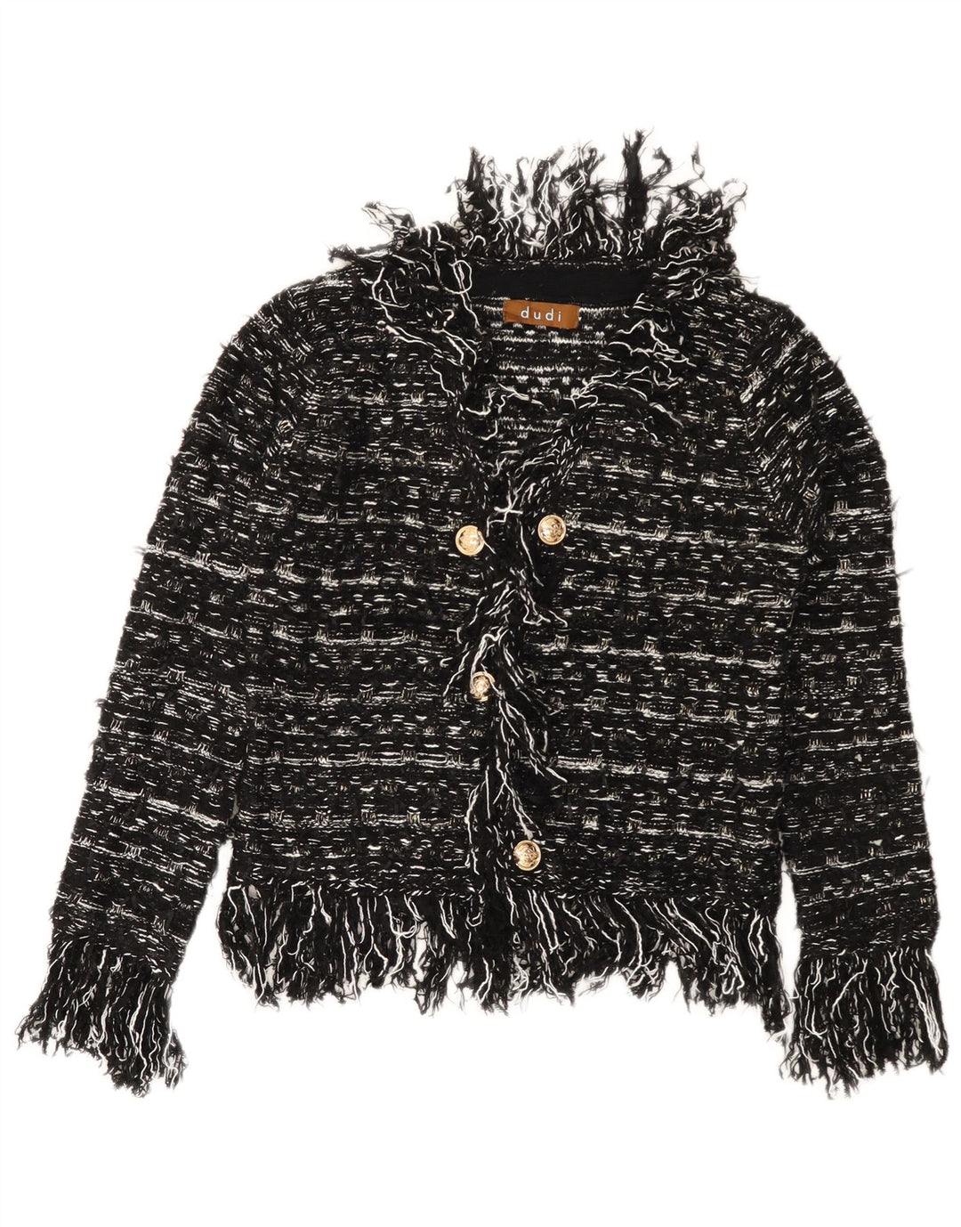 VINTAGE Dame Cardigan Sweater UK 10 Lille sort stribet akryl