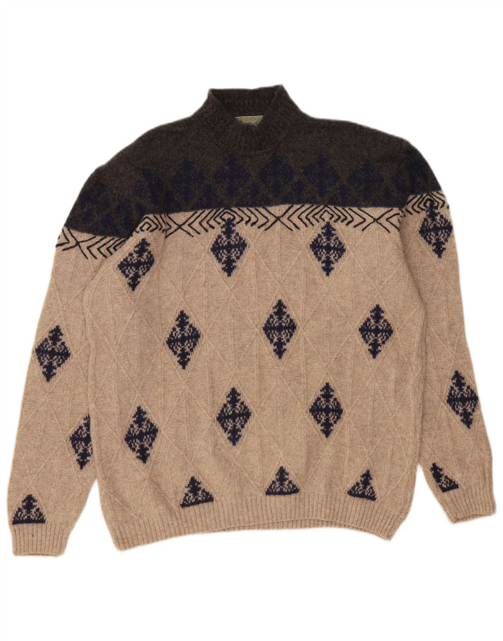 VINTAGE Herre Turtle Neck Jumper Sweater XL Beige Argyle/Diamond