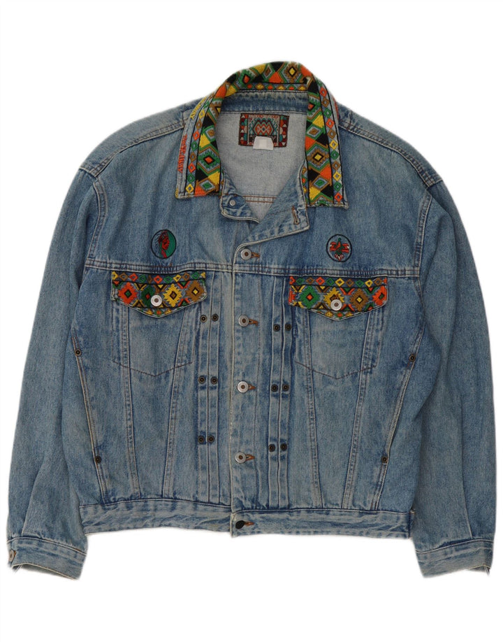 The Seaway Mens Retro Denim Jacket UK 40 Large Blue Geometric 80s