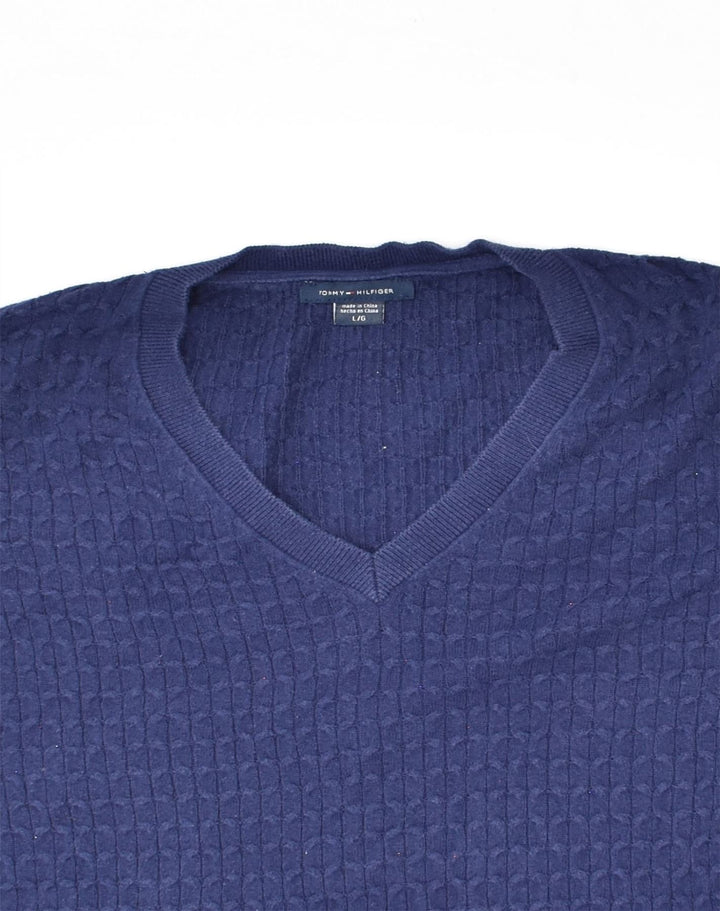 TOMMY HILFIGER Womens V-Neck Jumper Sweater UK 14 Large Navy Blue Cotton | Vintage Tommy Hilfiger | Thrift | Second-Hand Tommy Hilfiger | Used Clothing | Messina Hembry 