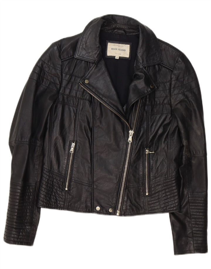 River Island Dame Læder Biker Jacket UK 12 Medium Sort