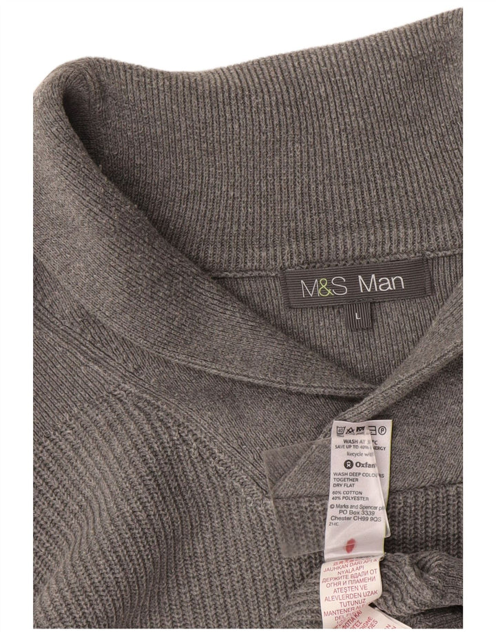 Marks & Spencer Herre Shawl Neck Jumper Sweater Stor Grå Bomuld