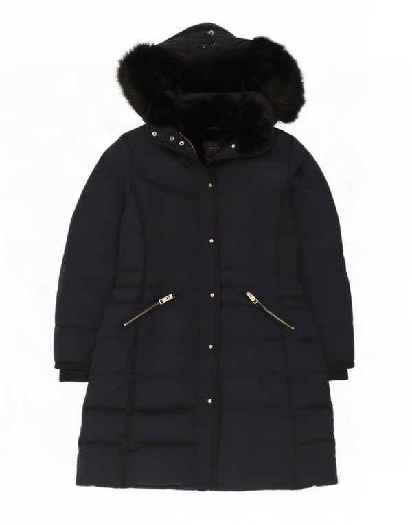 Zara Dame Hætte Polstret Frakke UK 16 Large Navy Blue Polyester