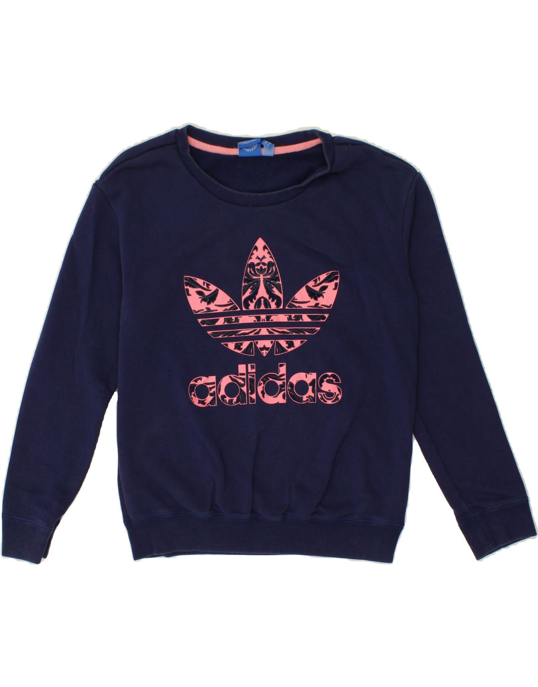 ADIDAS Womens Oversized Graphic Sweatshirt Jumper UK 8 Small Navy Blue Vintage Adidas and Second-Hand Adidas from Messina Hembry 