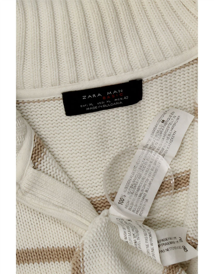 Zara Herre Cardigan Sweater med lynlås XL Hvidstribet bomuld