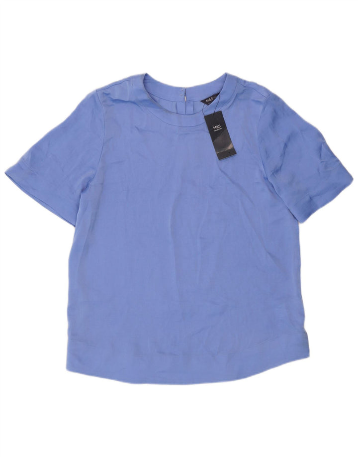Marks & Spencer Dame Kortærmet Bluse Top UK 10 Small Blue Polyester
