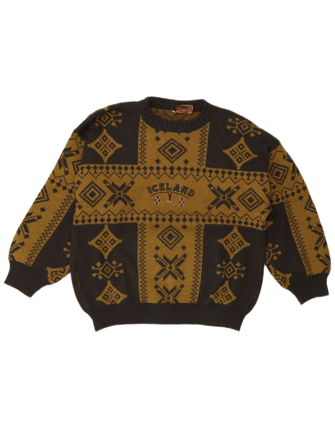 Island Herre Crew Neck Jumper Sweater Large Khaki Fair Isle
