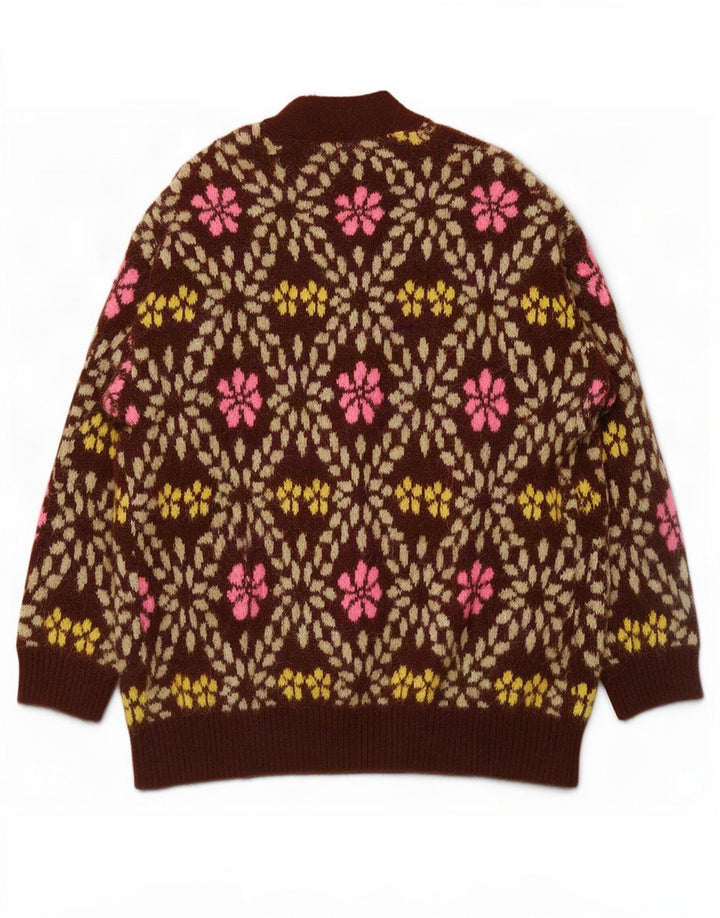 Zara oversized cardigantrøje til kvinder UK 12 Medium Brown Floral Polyester
