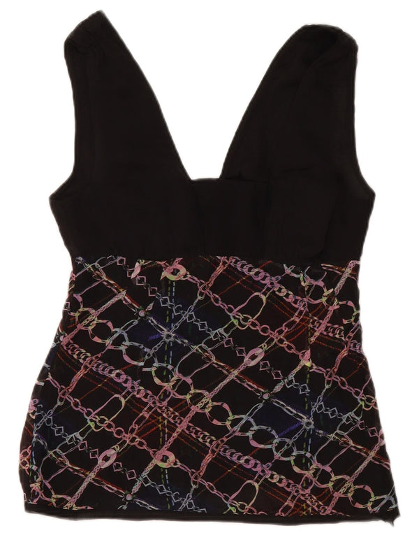 Costume National Dame Ærmeløs Crop Bluse Top UK 6 XS Sort Geometrisk
