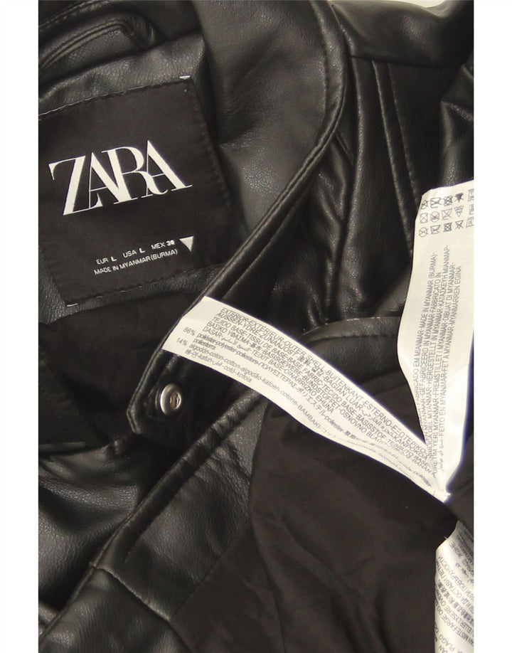 Zara Womens Crop Biker-jakke i imiteret læder UK 14 Stor sort polyester
