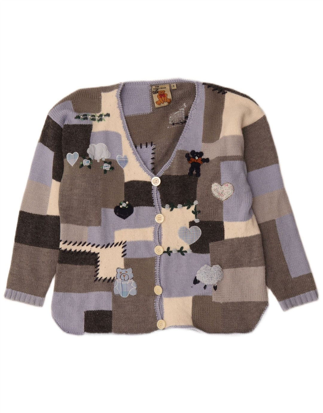 Vintage Kvinde grafisk cardigan sweater UK 10 Lille flerfarvet patchwork