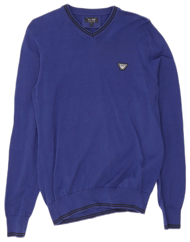 Armani Jeans Herre V-hals sweater Medium blå stribet bomuld