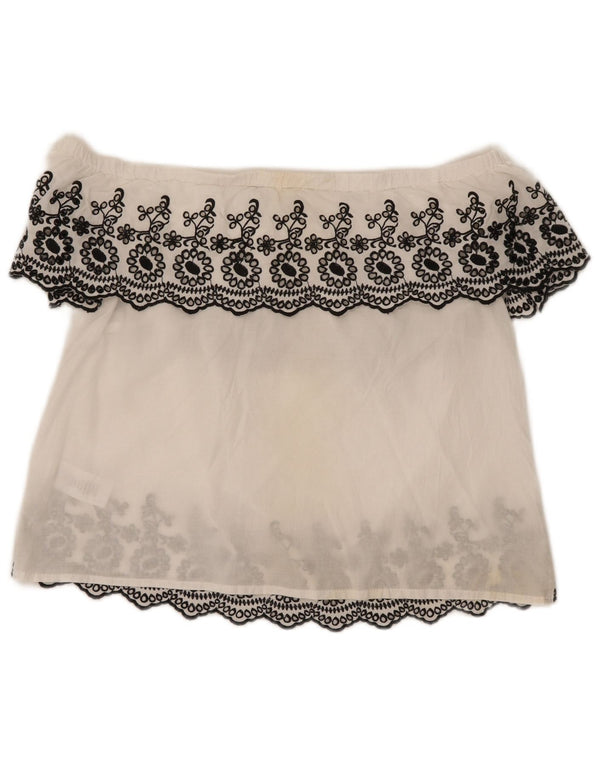 Lipsy Womens Crop Off Shoulder Top UK 14 Large White Floral Cotton