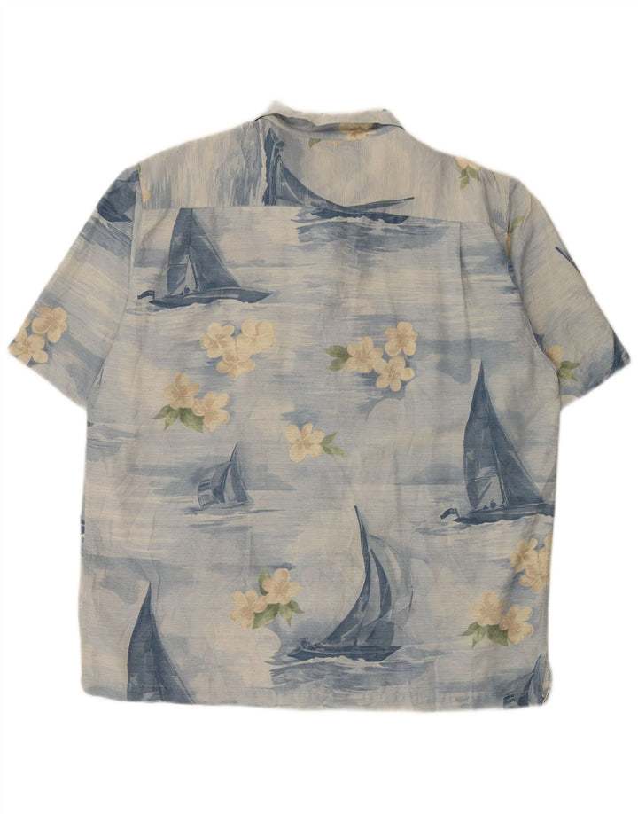 Vintage kortærmet herreskjorte XL blå blomstersilke