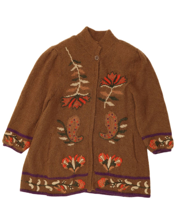 Vintage Kvinders Grafisk Longline Cardigan Sweater UK 14 Medium Brown Floral