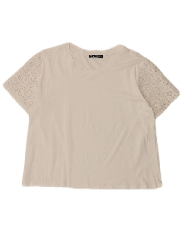 Zara Dame T-Shirt Top UK 14 Large White Floral