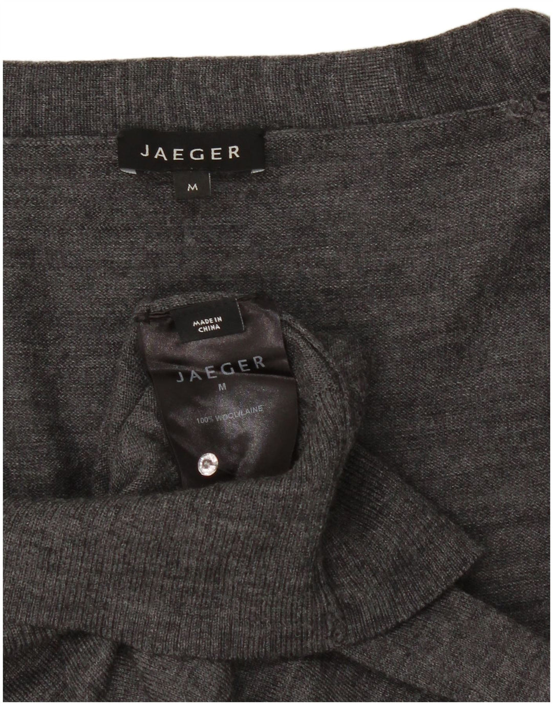 Jaeger dame cardigan sweater med 3/4 ærmer UK 12 mellemgrå flækket uld