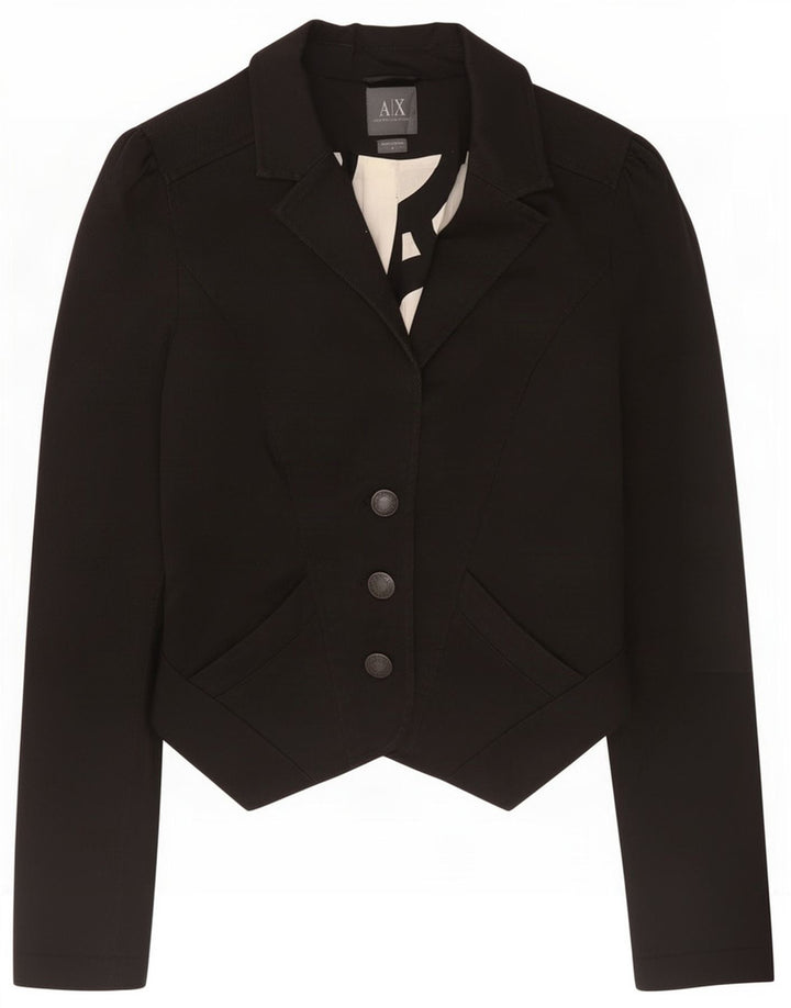 Armani Dame 3-knaps Crop Blazer Jacket UK 12 Medium Sort Bomuld